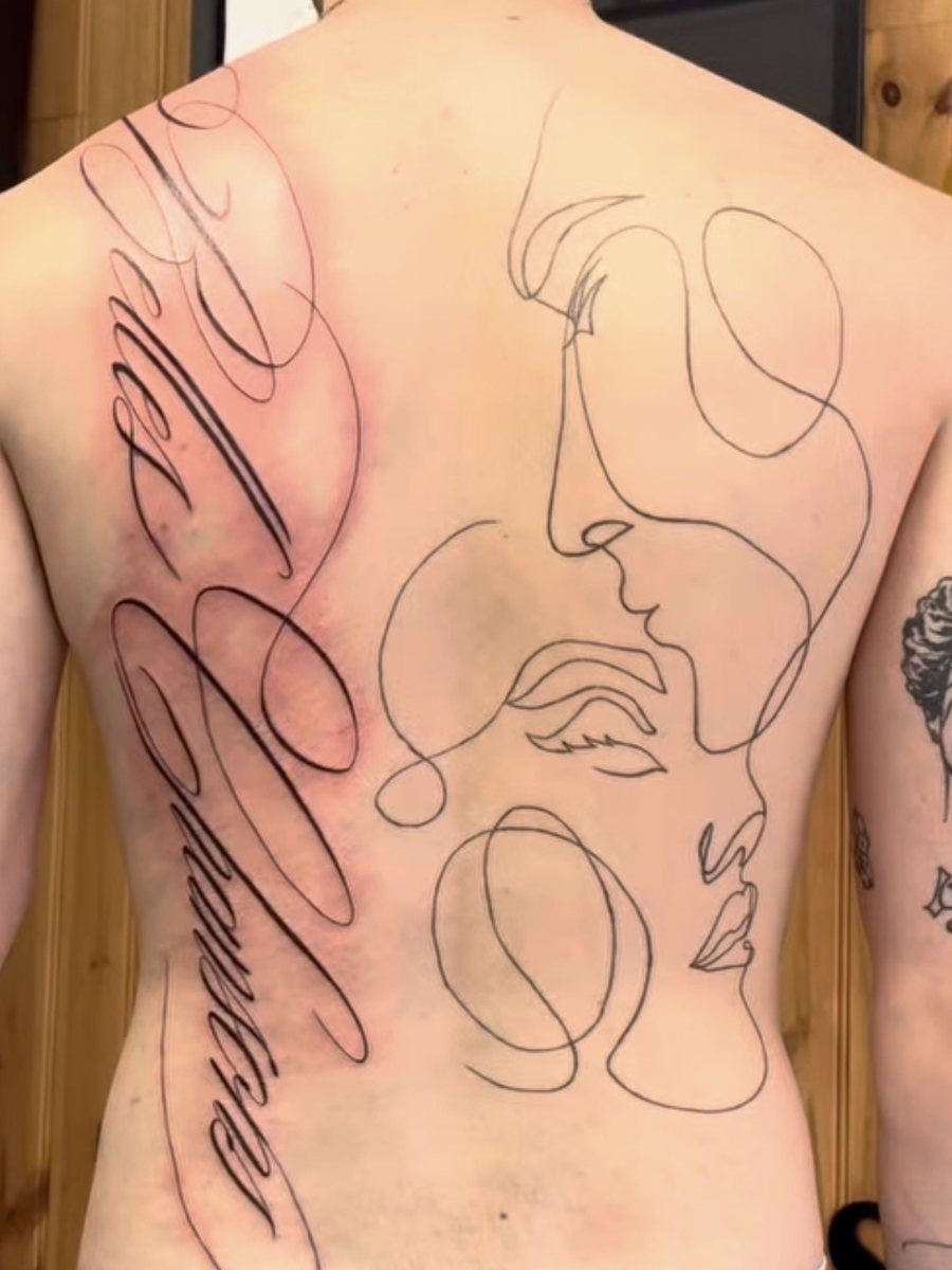 Lettrage calligraphique et visages en une ligne, dos